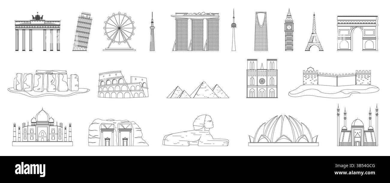 Un ensemble mondial de monuments célèbres dans le monde entier, y compris des monuments historiques, des sites religieux, des tours modernes, des merveilles anciennes. Capture l'architecture emblématique à travers les continents illustration vectorielle de contour. Illustration de Vecteur