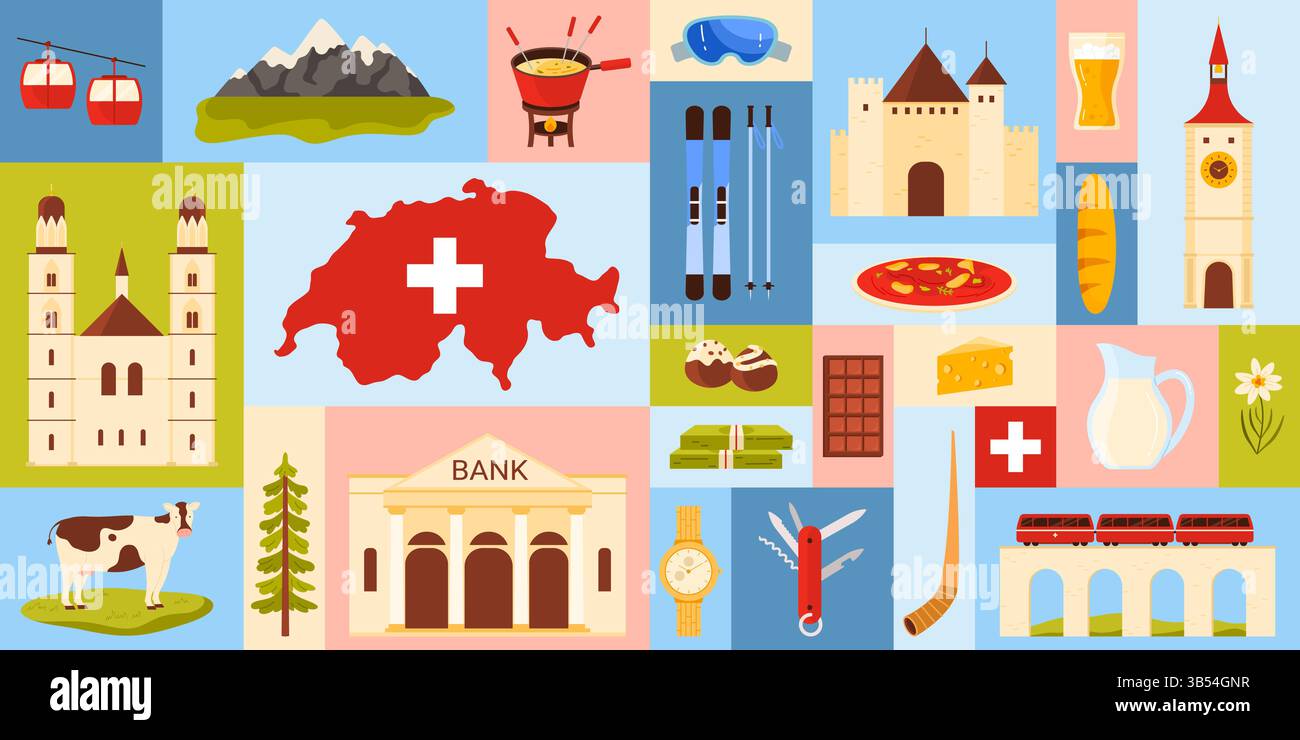 Voyage en Suisse, conception de bannières infographiques géométriques avec la culture et l'architecture suisses, les symboles nationaux et la nourriture. Carte avec drapeau, viaduc avec train, illustration vectorielle de dessin animé de vache Illustration de Vecteur