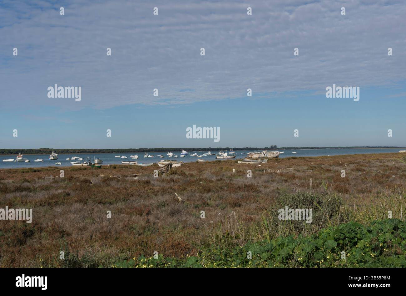Paysage côtier serein avec des bateaux amarrés sous ciel nuageux Banque D'Images