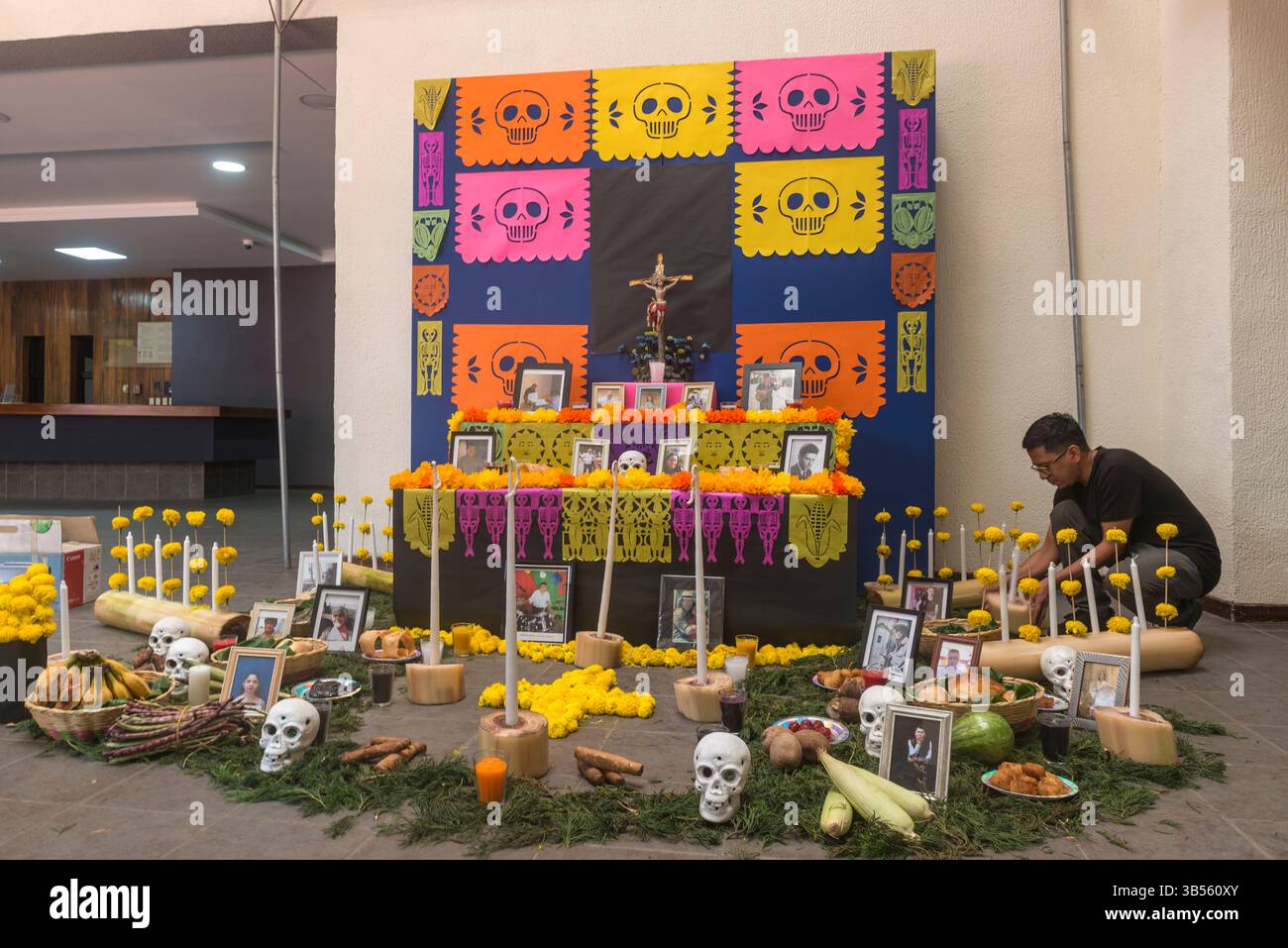 Une personne masculine construit une exposition en commémoration des collègues décédés le november2 (All Souls'Day) à Nat. Musée d'anthropologie D.J. Guzman.San Salvador Banque D'Images