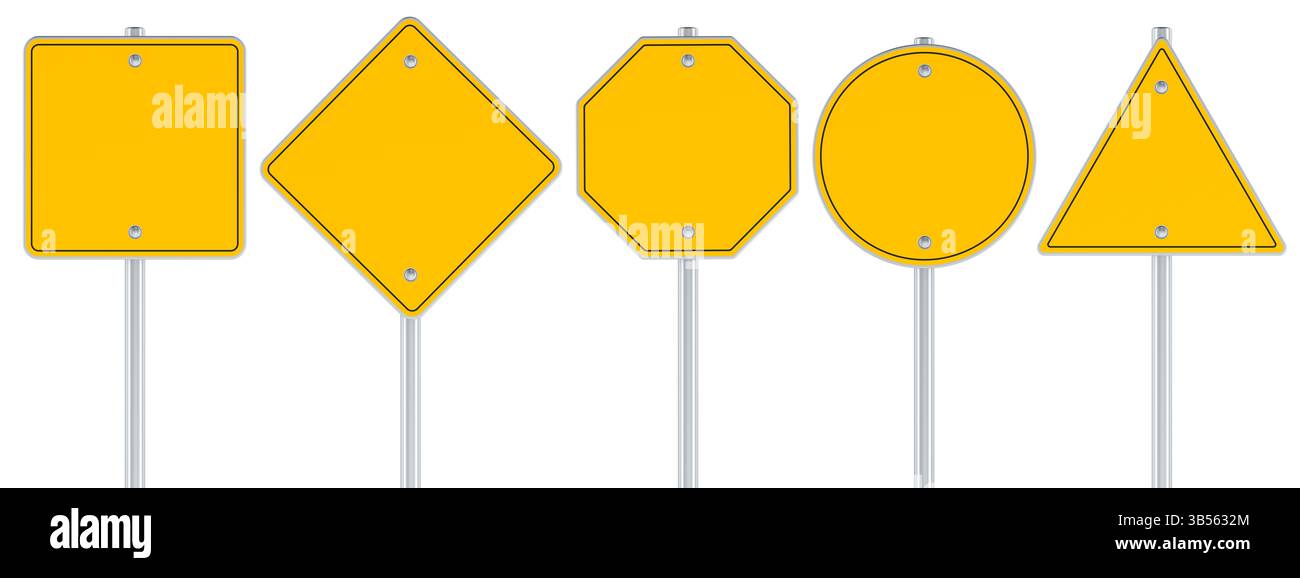 Panneaux de signalisation jaunes vierges. Panneaux routiers ronds, carrés, triangulaires, losanges, octogonaux. Gabarit, maquette, vue de face. Rendu 3D isolé Banque D'Images