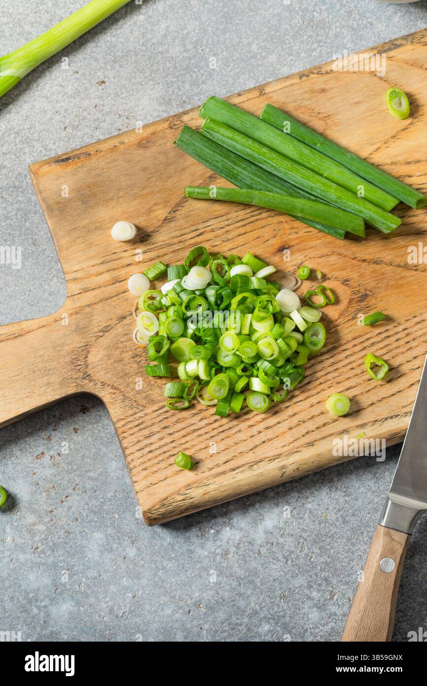 Vert Organic Cut Green Onion Scallions sur une planche à découper Banque D'Images Vert Organic Cut Green Onion Scallions sur une planche à découper Banque D'Images
