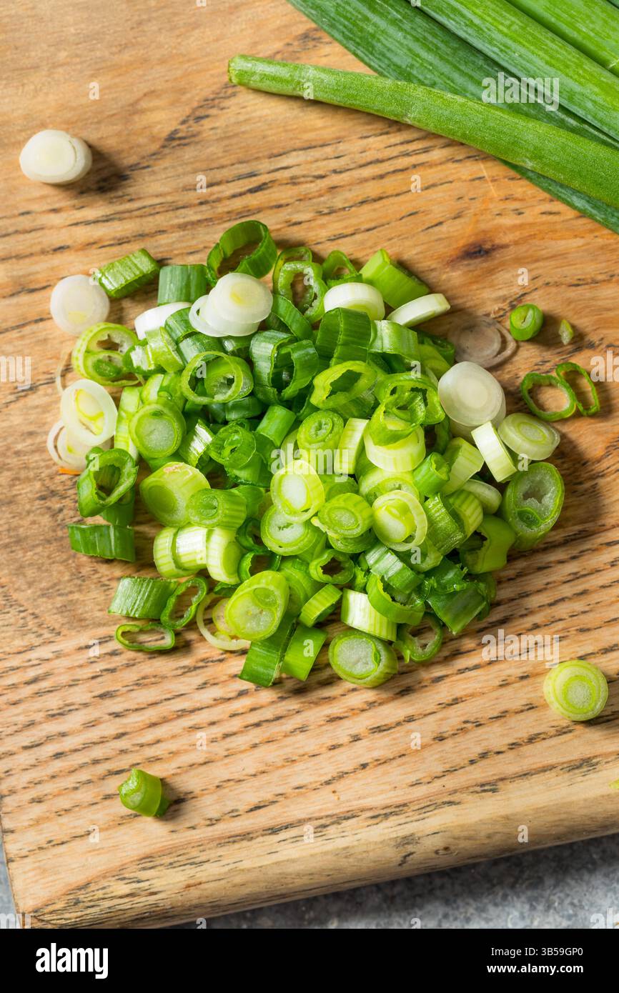 Vert Organic Cut Green Onion Scallions sur une planche à découper Banque D'Images Vert Organic Cut Green Onion Scallions sur une planche à découper Banque D'Images