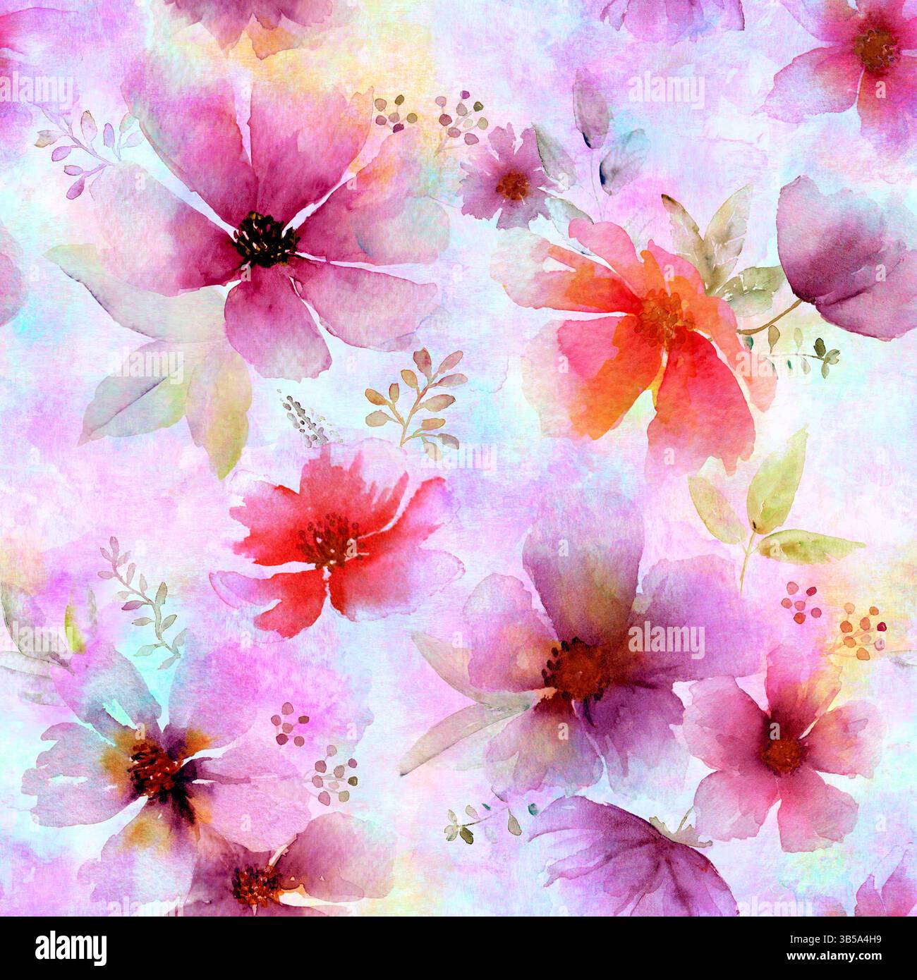 Aquarelle abstrait motif floral audacieux sans couture. Aquarelle dessinée à la main colorée violet rose rouge illustration de fleur. Impression multicolore pour papier peint, Banque D'Images
