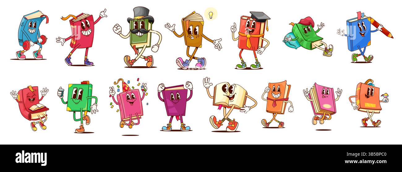 Des personnages de livres de manuels et de BEST-sellers groovy, une bibliothèque scolaire vectorielle et l'éducation des enfants. Livres psychédéliques de dessins animés avec des visages souriants heureux. Groovy t Illustration de Vecteur