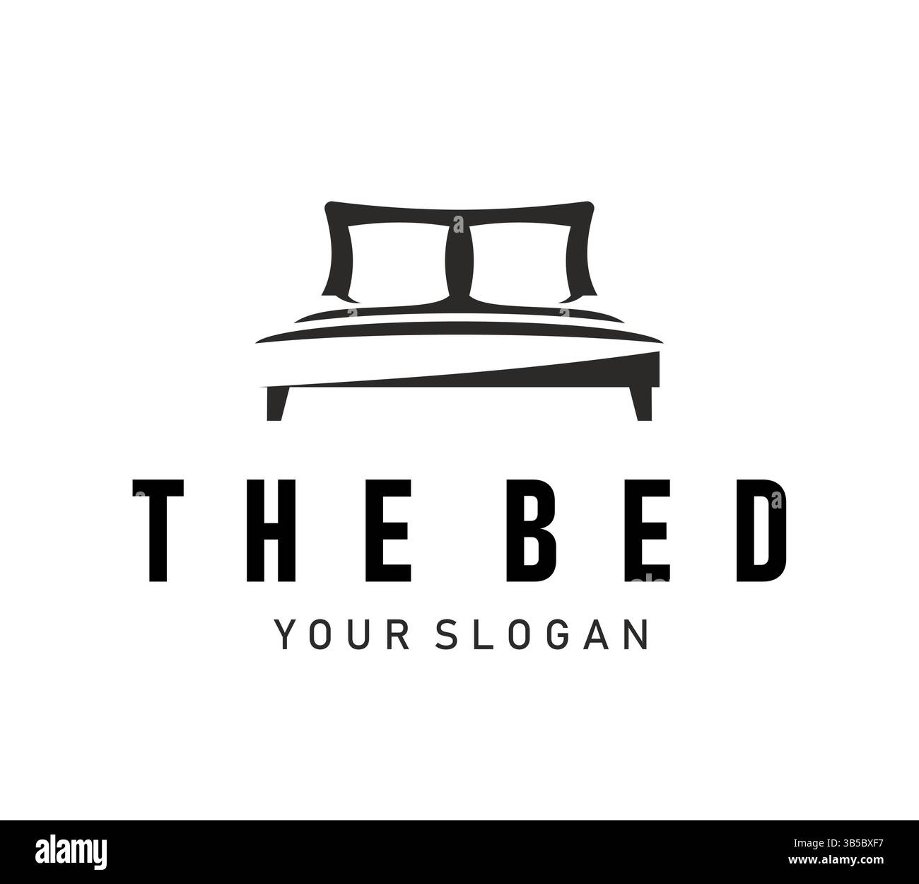 Icône du lit, emblème minimaliste monochrome avec lit double king size et deux oreillers. Étiquette de vecteur noir et blanc pour chambre à coucher, meubles, ou hospit Illustration de Vecteur