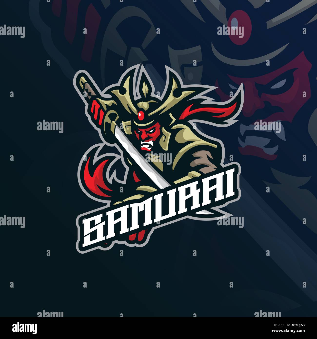 Conception de logo de mascotte samouraï avec style de concept d'illustration moderne pour l'impression de badge, d'emblème et de t-shirt. Illustration samouraï en colère avec katana. Illustration de Vecteur