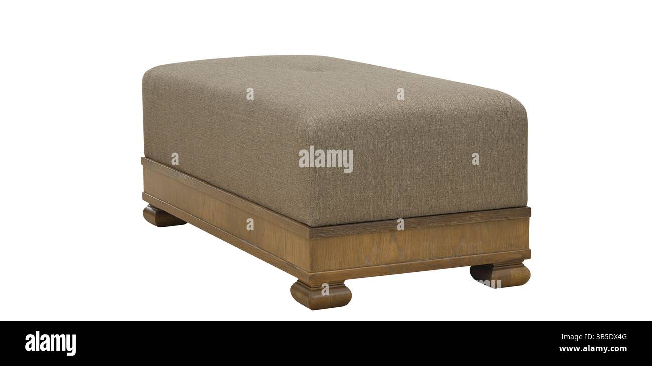 un élégant pouf rembourré avec un dessus en textile beige et une base décorative en bois est isolé sur un fond blanc, c'est une pièce parfaite pour sophi Banque D'Images