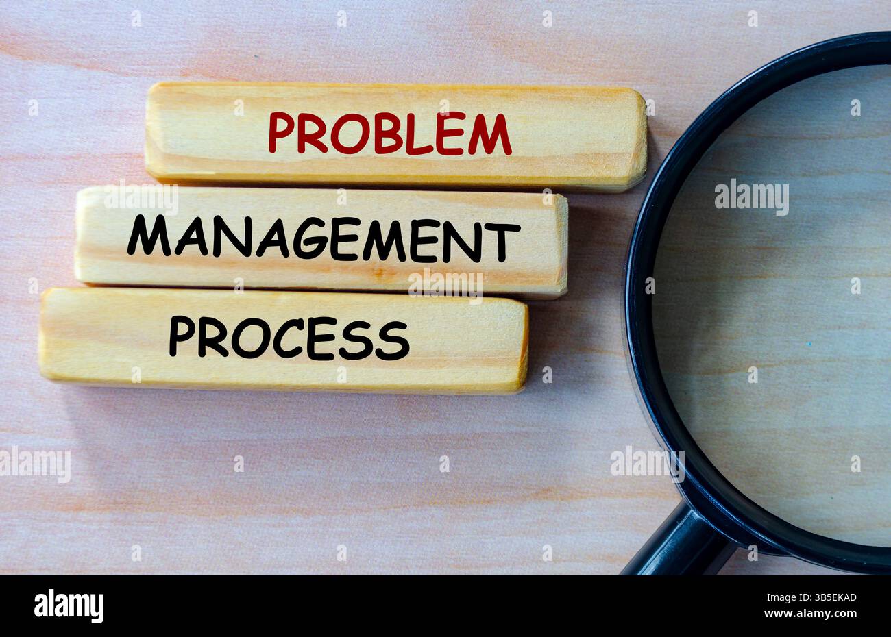 Vue de dessus du texte du processus de gestion des problèmes sur des blocs de bois avec une loupe comme arrière-plan. Concept d'analyse des causes profondes. Banque D'Images