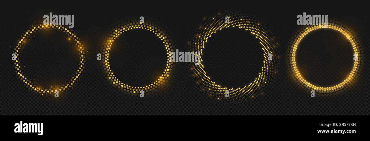 Cercles dorés demi-teintes cercles - cadres ronds bordures faites de particules dorées chatoyantes, de pois et de paillettes de coeurs disposés en bandes circulaires concentriques. Éléments festifs de luxe. Illustration de Vecteur