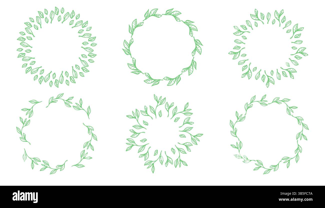 Bordure de ligne ronde dessinée à la main avec des feuilles et des fleurs. Ensemble floral élégant de style minimal pour invitations de mariage, cartes, conceptions de logo et affiches. Perf Illustration de Vecteur