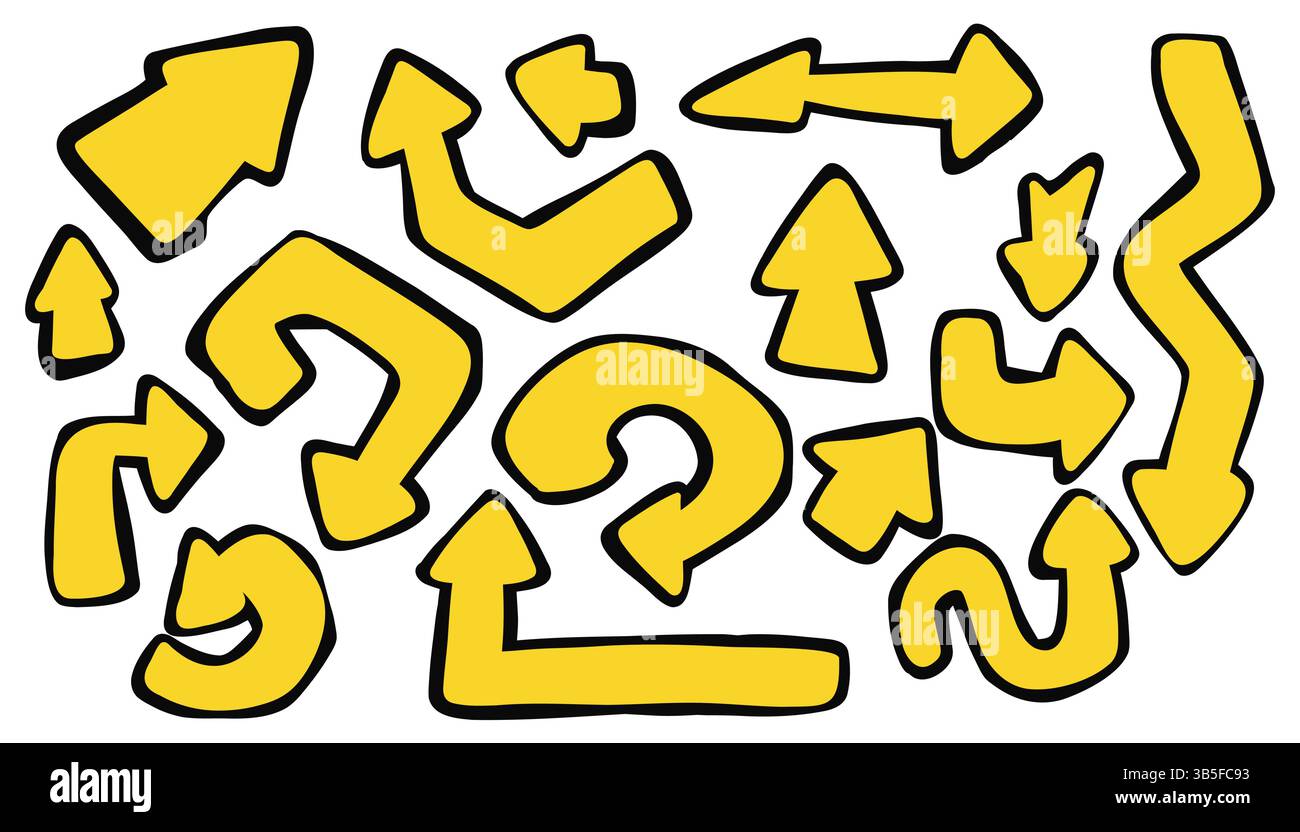 Ensemble de flèches de doodle jaunes. Pointeurs courbes et droits dessinés à la main. Des éléments amusants et ludiques pour les notes, les surlignages, les infographies et c Illustration de Vecteur