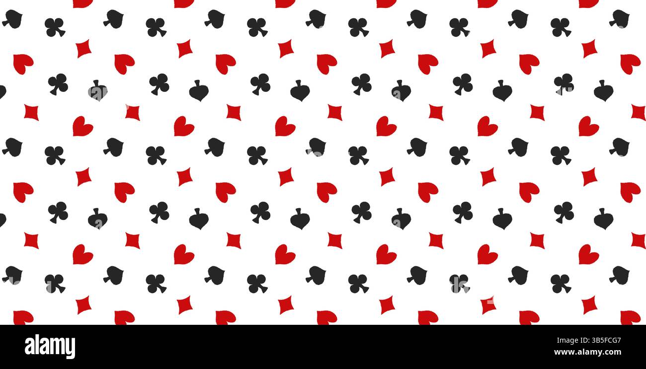 Modèle sans couture avec des cœurs dessinés au crayon rouge et noir, des diamants, des clubs, des pique. Jeu de hasard, illustration vectorielle de symbole de casino. Vecteur dessiné à la main Illustration de Vecteur