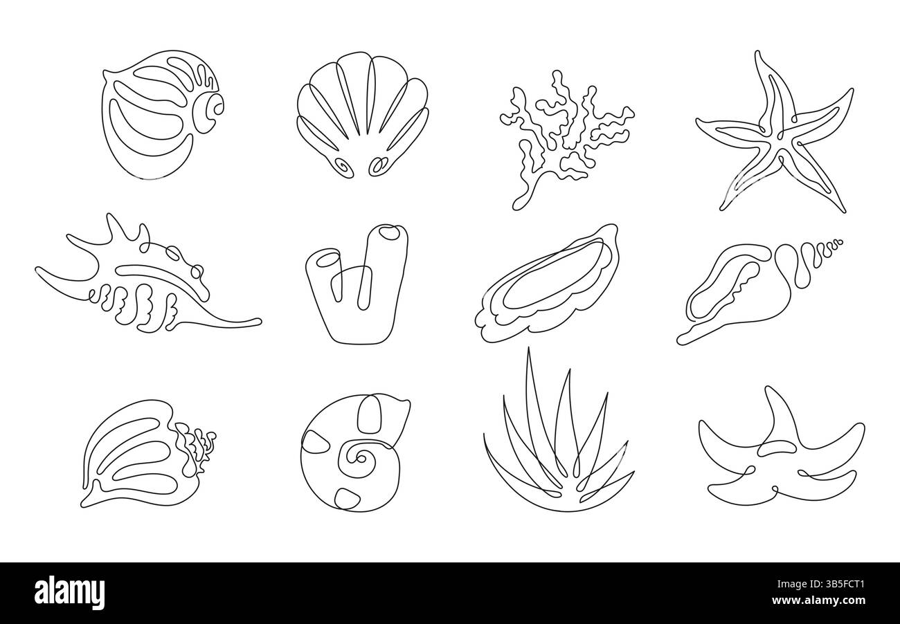 Illustration minimaliste de coquillage d'une ligne. Art de ligne continue dessiné à la main de coquille océanique, parfait pour le décor côtier moderne, la conception de logo, tatouages, pack Illustration de Vecteur