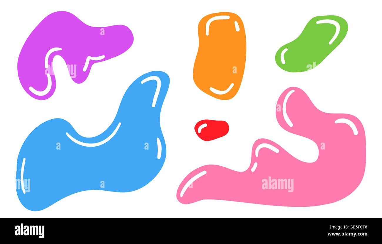 Ensemble de formes organiques liquides comportant des blobs aléatoires abstraits et irréguliers. Bulles et gouttes ondulées colorées dans le style tendance Y2K, parfait pour desig moderne Illustration de Vecteur