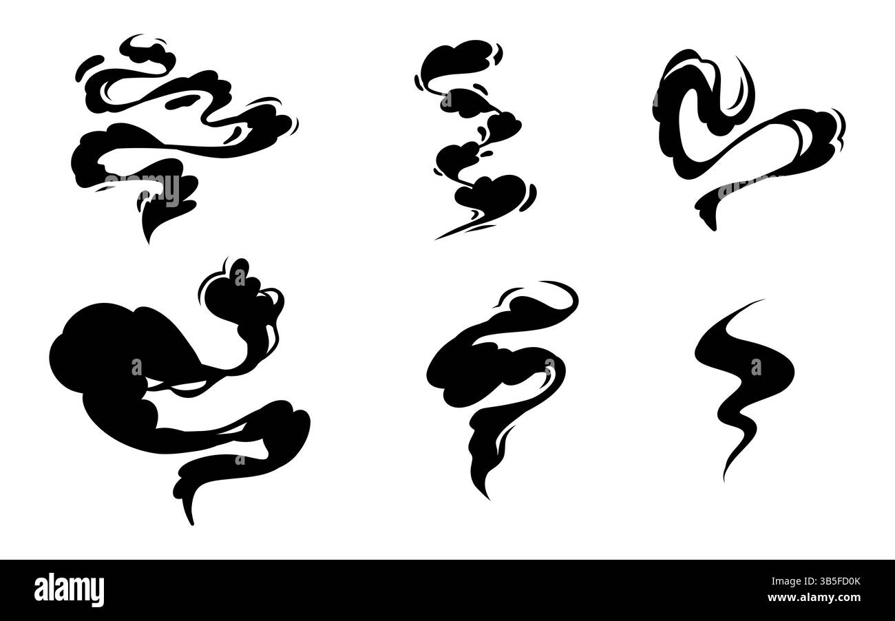 Ensemble de nuages de vapeur de dessin animé et de fumée blanche. Illustration vectorielle des effets de brouillard, de brume et de vapeur pour la conception, les affiches publicitaires, les menus et le graphique Web Illustration de Vecteur