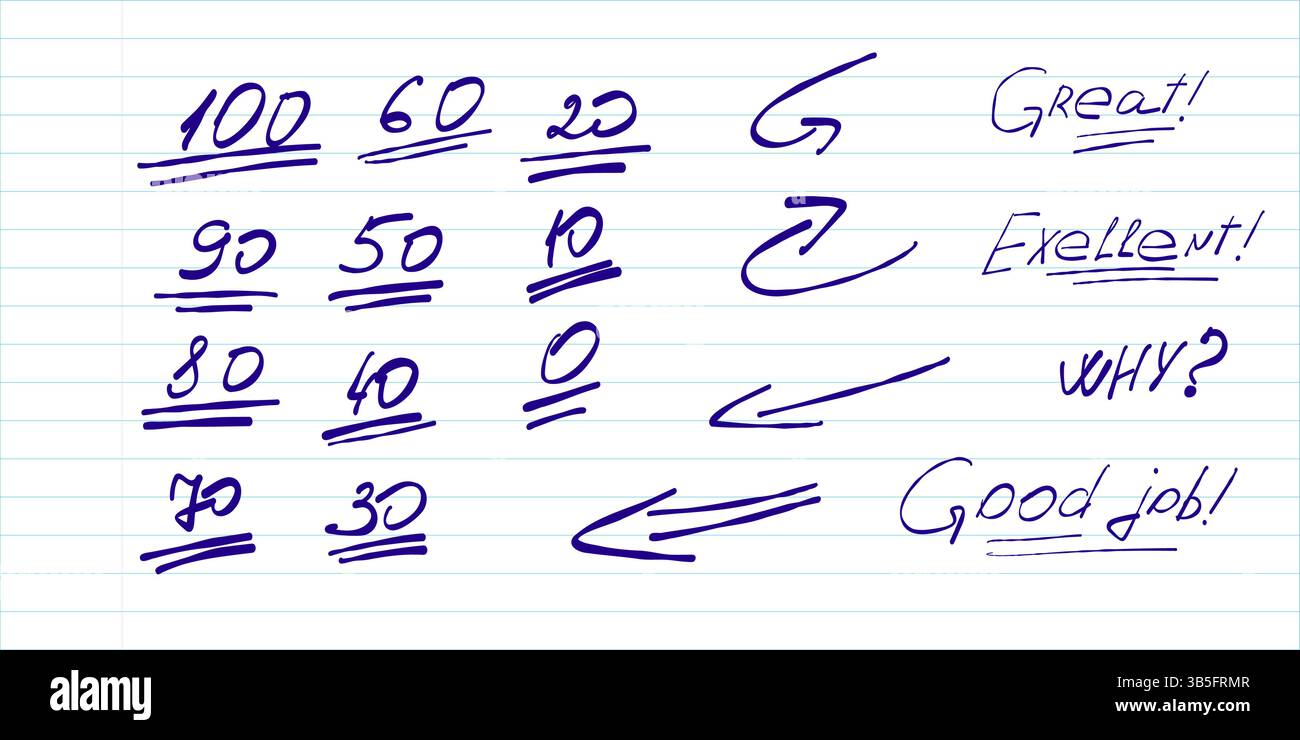 Notes et commentaires Doodle illustration. Amusants griffonnages dessinés à la main avec des phrases comme excellent, génial et non, idéal pour les commentaires de l'école, les journaux Illustration de Vecteur