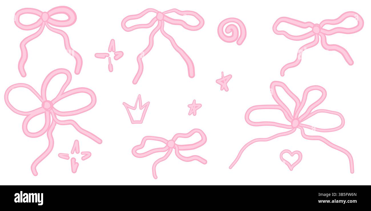 Noeuds et étoiles vintage Girly rose tendance dessinés à la main. Archet pour décor de cheveux plat. Rubans isolés. Accessoires tendance pour filles. Éléments de coiffure mignons Illustration de Vecteur