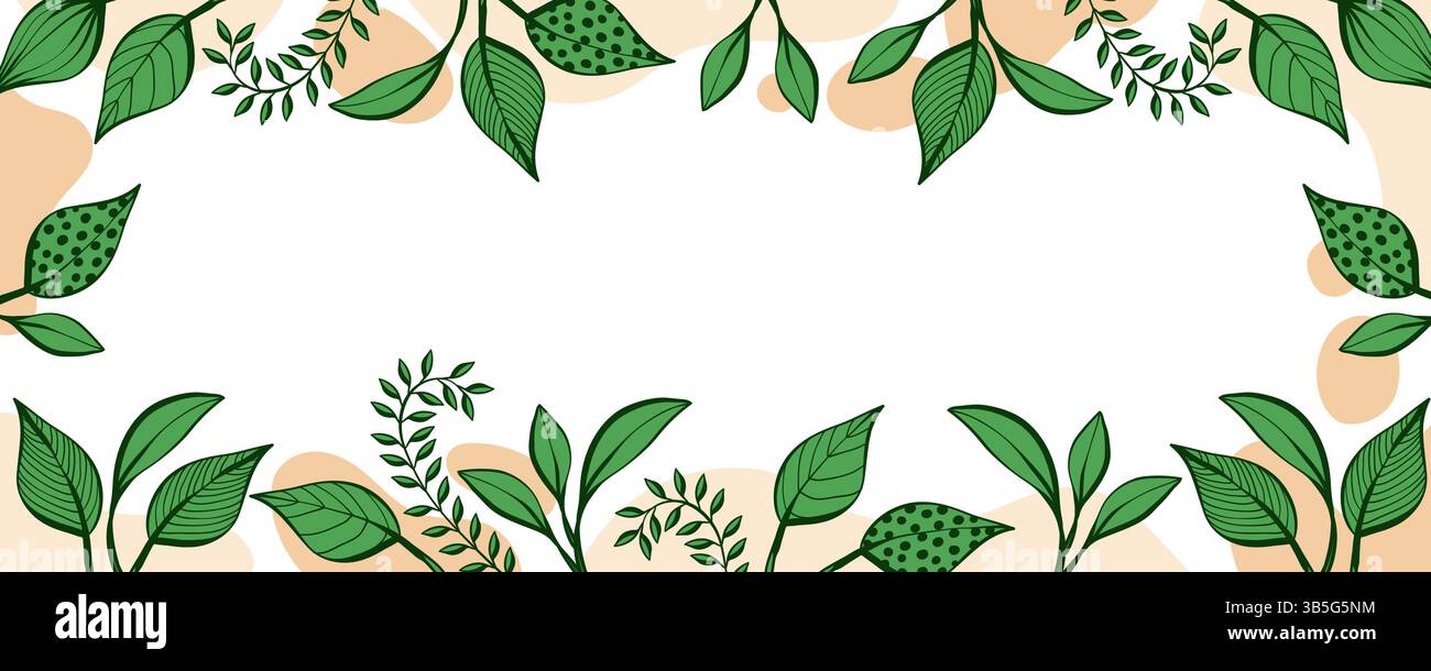 Bordure botanique et cadre avec feuilles d'été. Bannière de verdure naturelle. Thème floral minimal. Fond de conception de style de vie écologique. Illustration de Vecteur