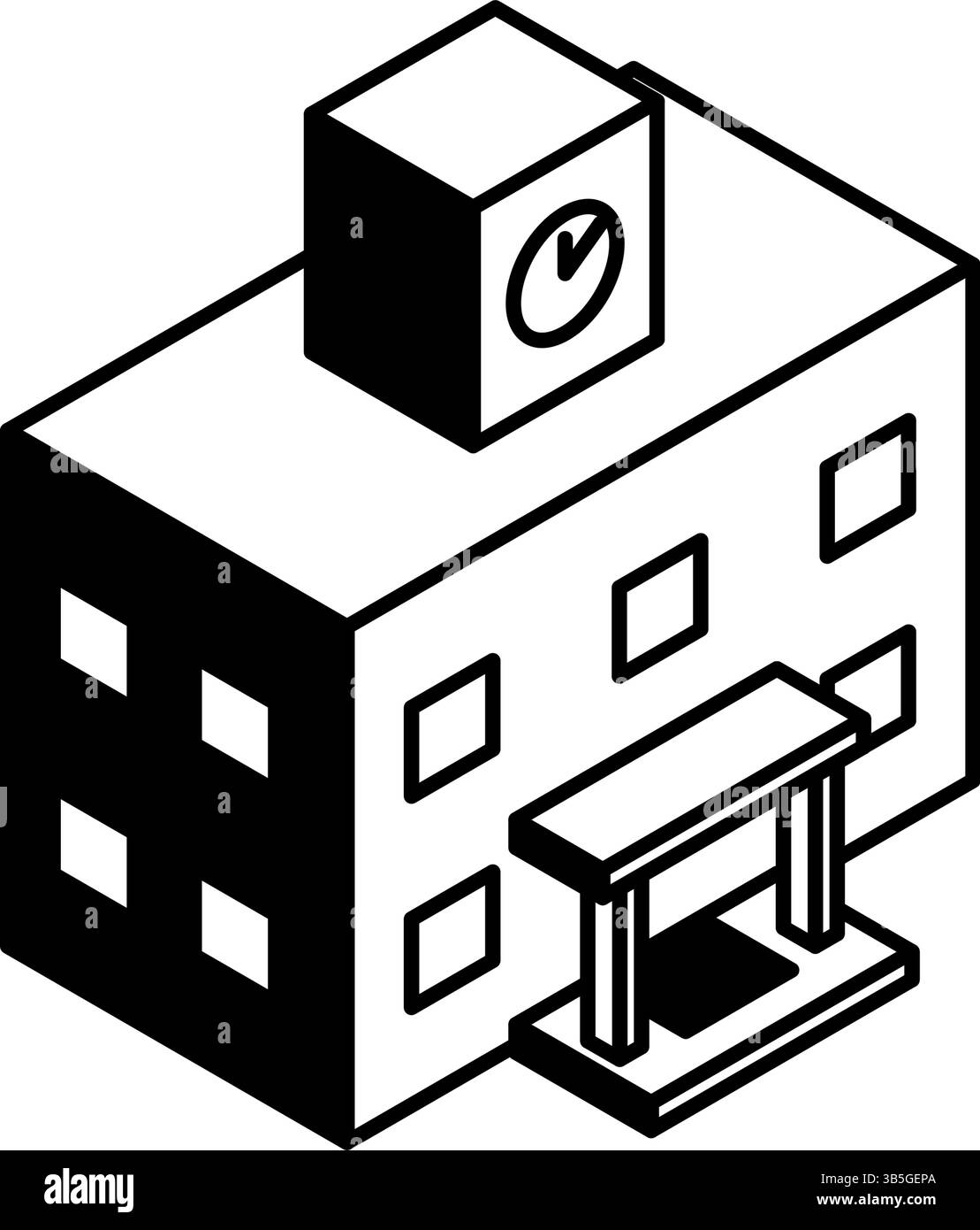 Dessin au trait simple de l'icône de bâtiment d'école, illustration isométrique, illustration vectorielle Illustration de Vecteur