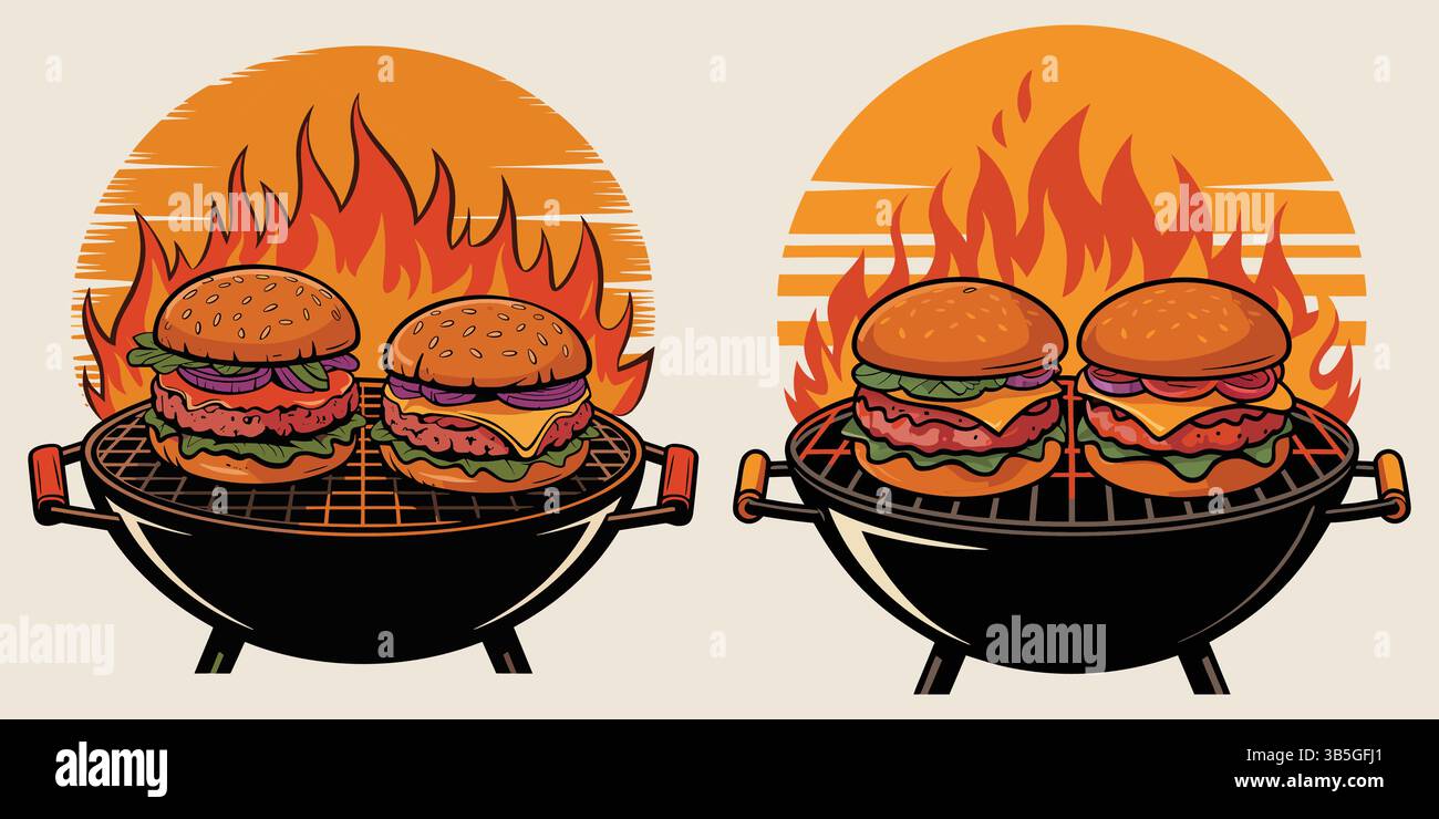Deux délicieux hamburgers grillés sur du charbon de bois flamboyant Illustration de Vecteur