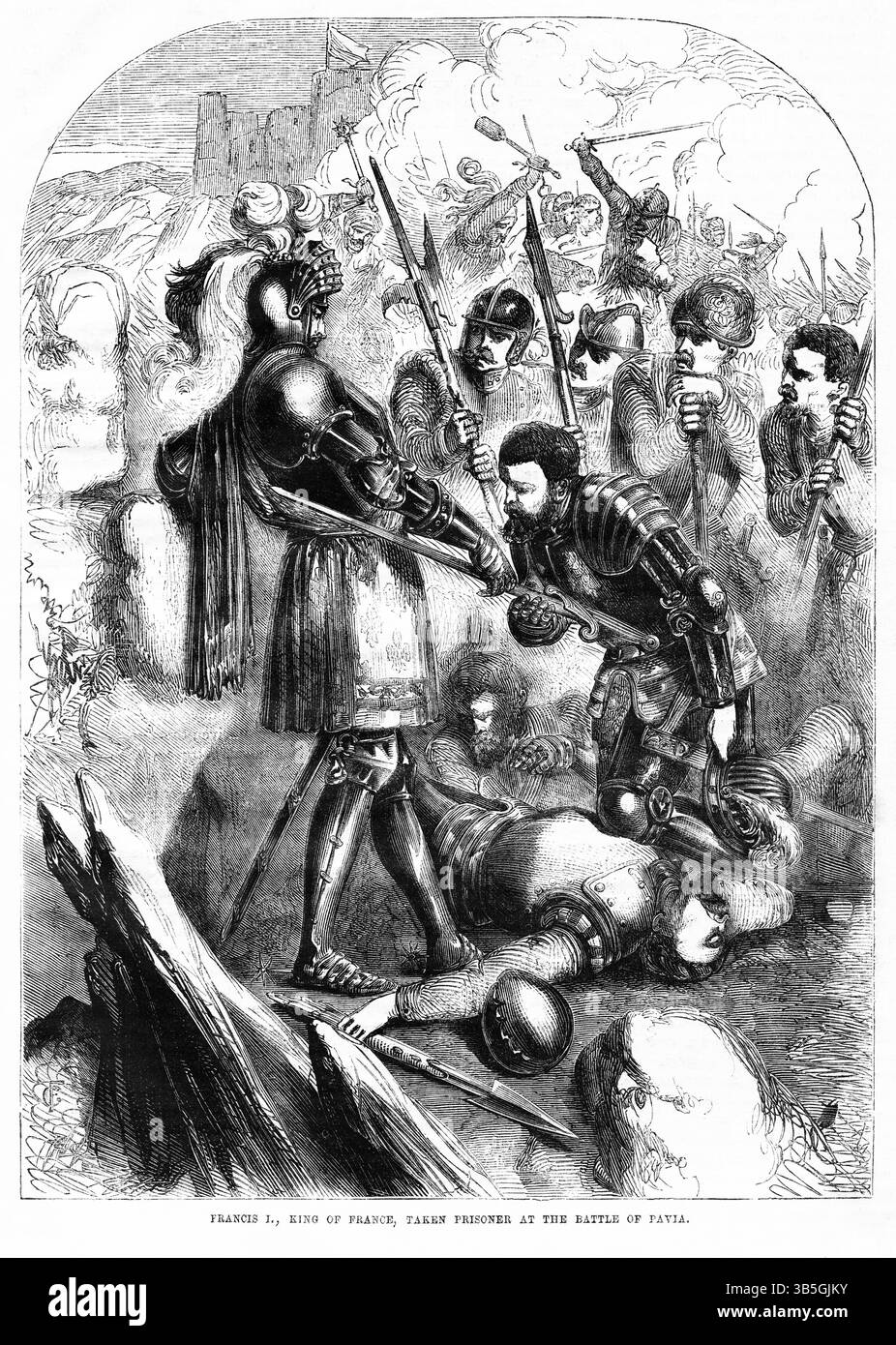 8 janvier 2019, Londres, Angleterre, Royaume-Uni : Frances I, roi de France, fait prisonnier à la bataille de Pavie, illustration tirée du Livre, ''John Casselâ€™'s Illustrated History of England, volume II'', texte de William Howitt, Cassell, Petter et Galpin, Londres, 1858 (crédit image : © JT Vintage/Glasshouse via ZUMA Press Wire) Banque D'Images