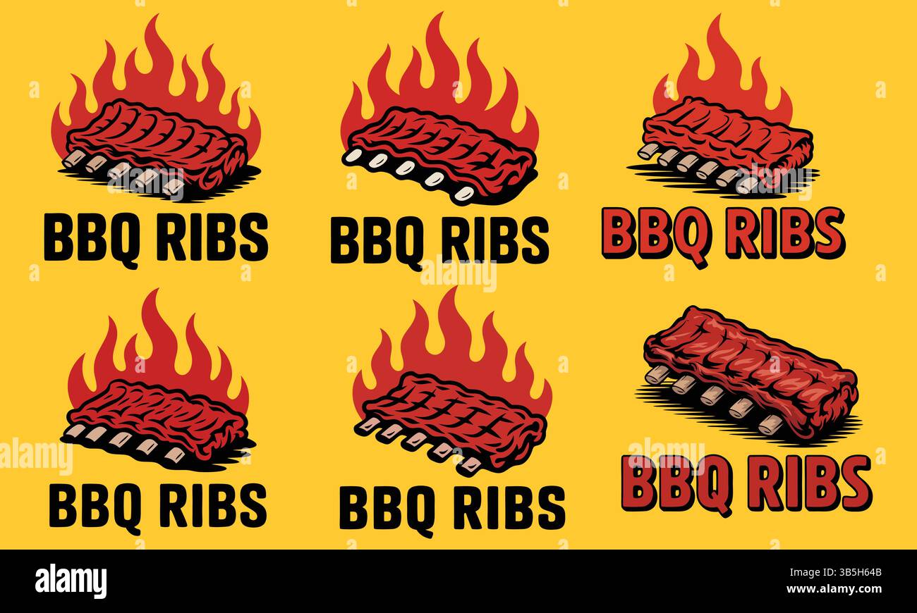 Delicious BBQ Ribs Graphic Design Set sur fond jaune moutarde Illustration de Vecteur