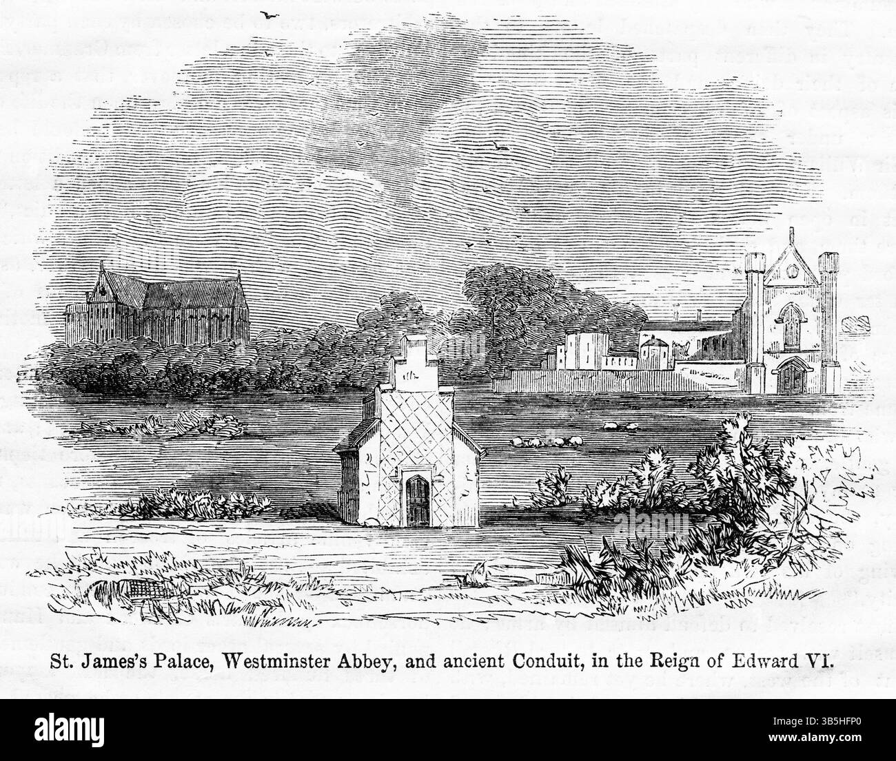 2 mai 2022, London, England, UK : composé Jamesâ€™s Palace, Westminster Abbey, and Ancient conduit, in the Reign of Edvard VI, illustration from the Book, ''John Casselâ€™s Illustrated History of England, volume II'', texte de William Howitt, Cassell, Petter, and Galpin, Londres, 1858 (crédit image : © JT Vintage/Glasshouse via ZUMA Press Wire) Banque D'Images