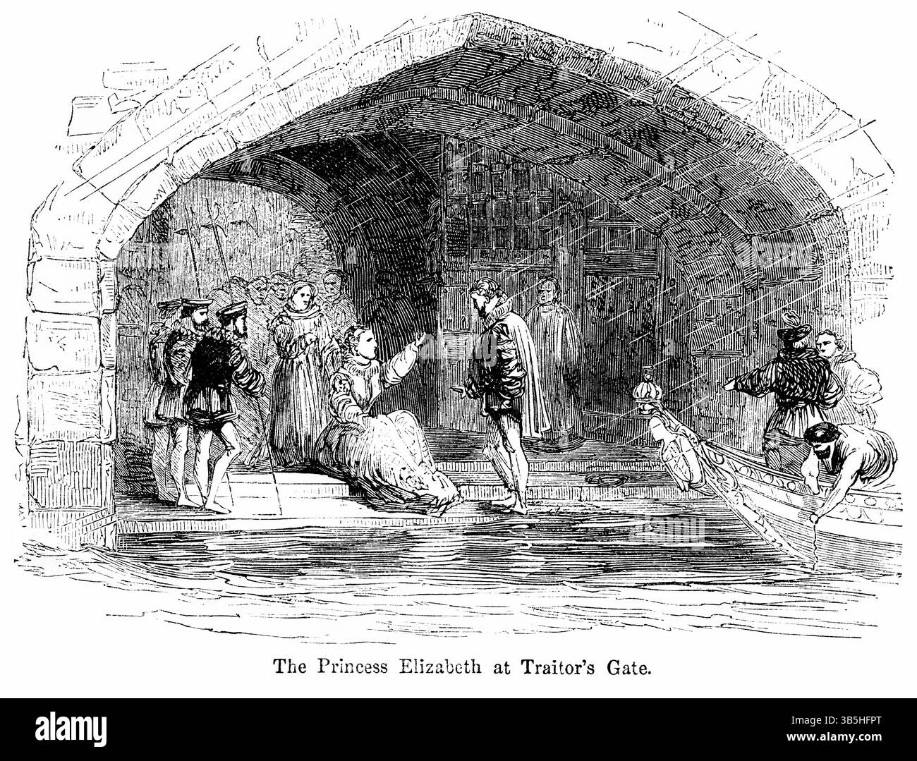 2 mai 2022, Londres, Angleterre, Royaume-Uni : la princesse Elizabeth à la porte de Traitorâ€™s, illustration tirée du Livre, ''John Casselâ€™s Illustrated History of England, volume II'', texte de William Howitt, Cassell, Petter, and Galpin, Londres, 1858 (crédit image : © JT Vintage/Glasshouse via ZUMA Press Wire) Banque D'Images