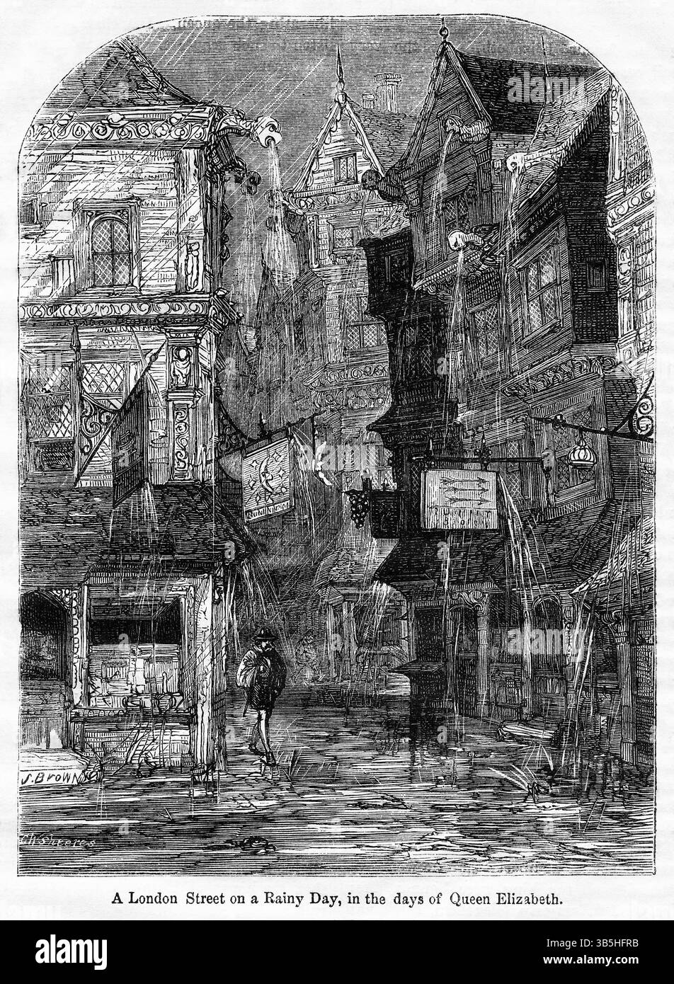 2 mai 2022, Londres, Angleterre, Royaume-Uni : a London Street on a Rainy day, in the Days of Queen Elizabeth, illustration from the Book, ''John Casselâ€™'s Illustrated History of England, volume II'', texte de William Howitt, Cassell, Petter et Galpin, Londres, 1858 (crédit image : © JT Vintage/Glasshouse via ZUMA Press Wire) Banque D'Images