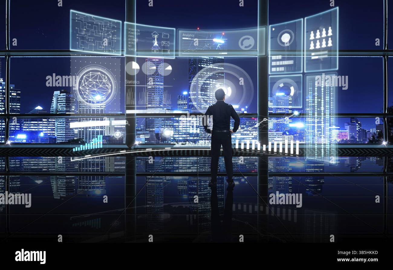 Analyse financière intelligente travaillant dans un bureau moderne avec Big Data, icône de connexions, Internet des objets, graphiques financiers et écran virtuel graphique Banque D'Images