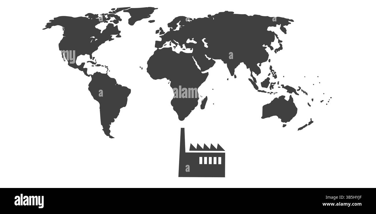 Une usine stylisée émet une fumée noire épaisse de sa cheminée, qui se transforme en une forme de carte du monde. Les continents émergent de la fumée, symbolizin Illustration de Vecteur