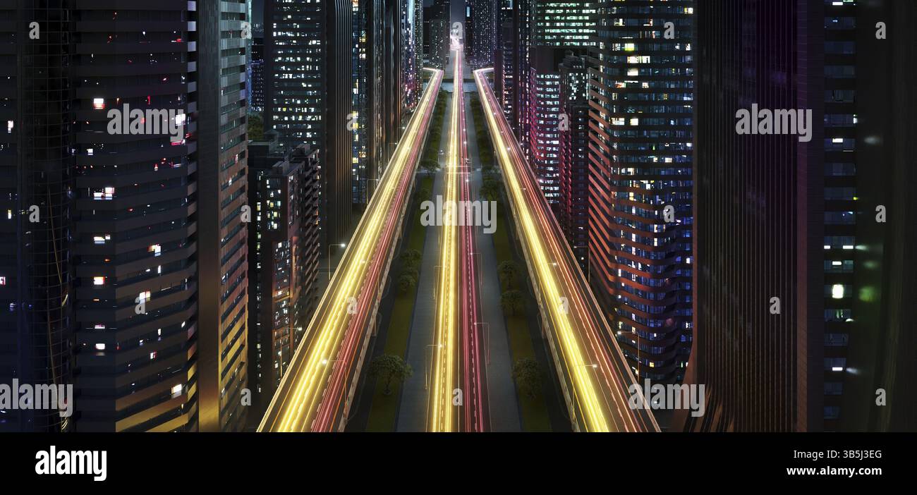 Spectaculaire ville moderne la nuit avec des sentiers légers. rendu 3d concept imaginaire ville Banque D'Images