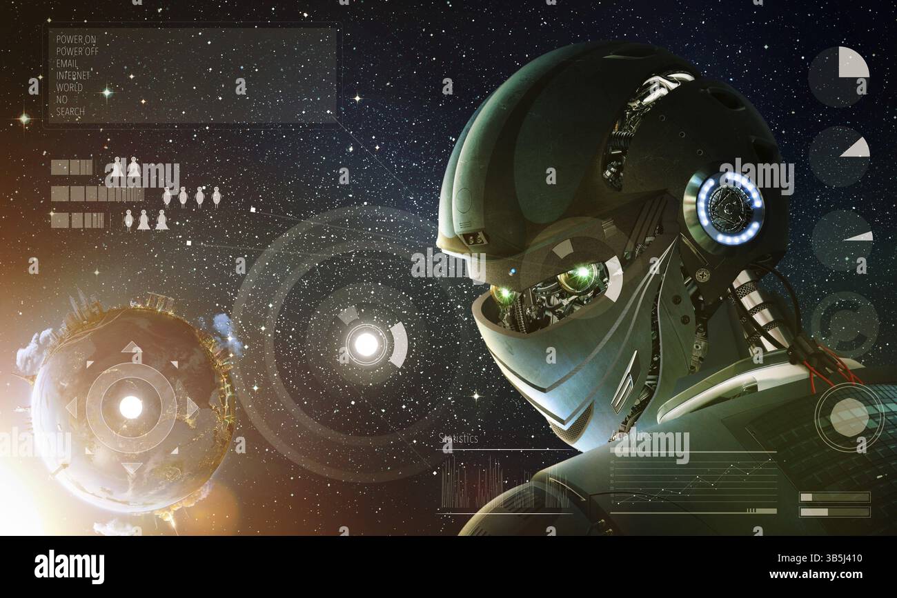 Robot élégant regardant en arrière avec la planète Terre depuis l'espace. Concept technologique futur, intelligence artificielle. Éléments de cette image fournis par la NASA Banque D'Images