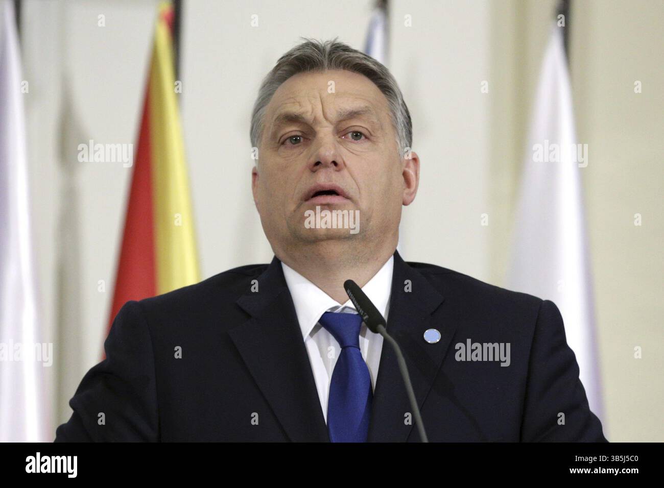 Prague, République tchèque - 15 février 2016 : le premier ministre hongrois Viktor Orban s'exprime lors d'une conférence de presse après la réunion du vis Banque D'Images