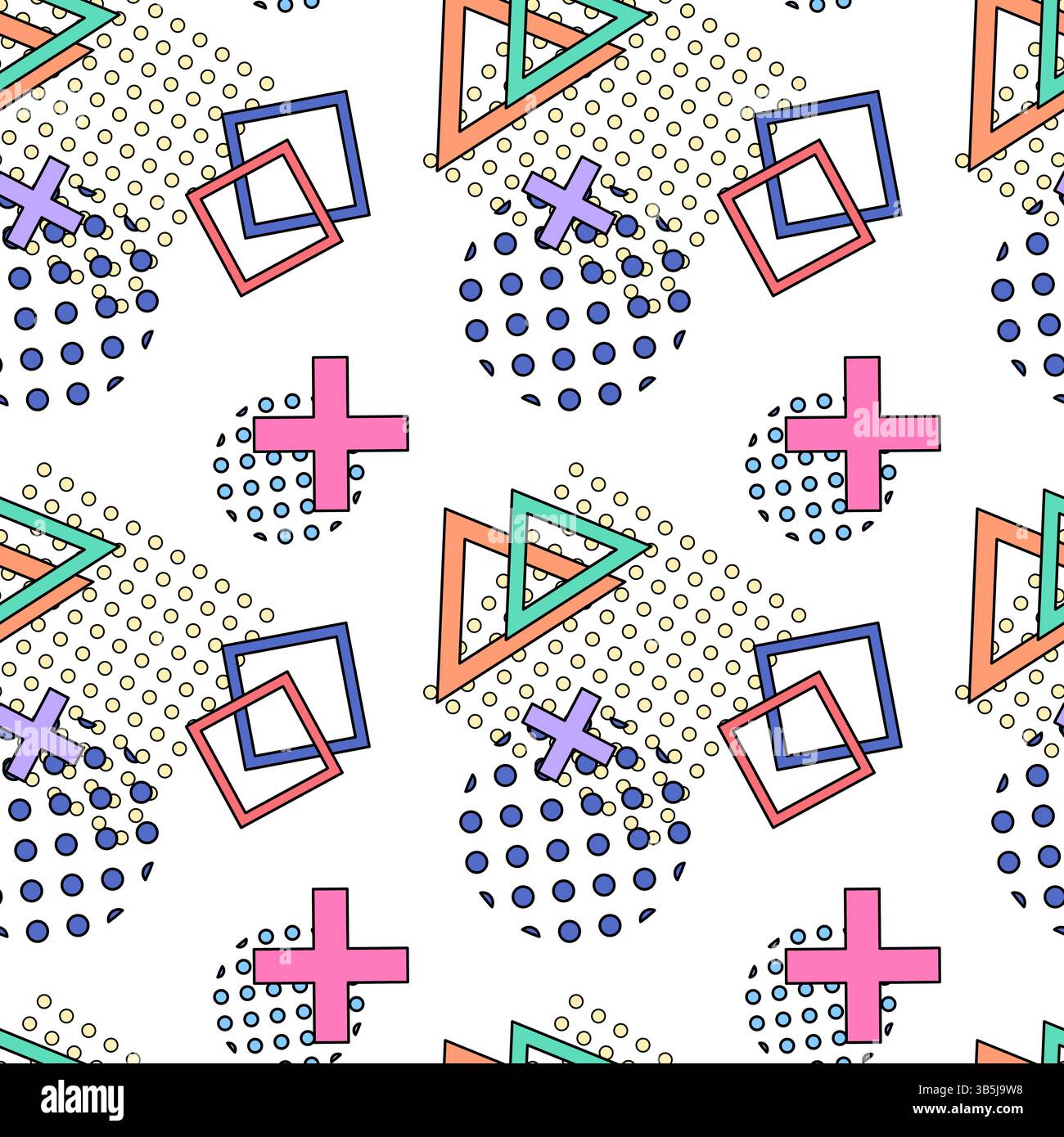 Modèle sans couture vintage des années 80 de style Memphis avec des formes géométriques abstraites de dessin animé naïves telles que des triangles, des carrés, des croix et des pointillés Illustration de Vecteur