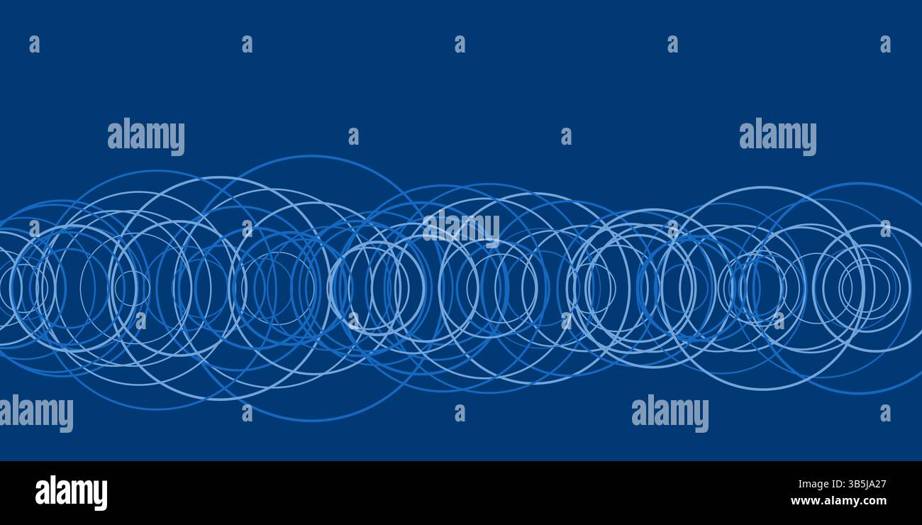 Un fond abstrait bleu présente des cercles interconnectés, formant un motif géométrique dynamique. Les formes répétitives et la couleur uniforme créent un visu Illustration de Vecteur