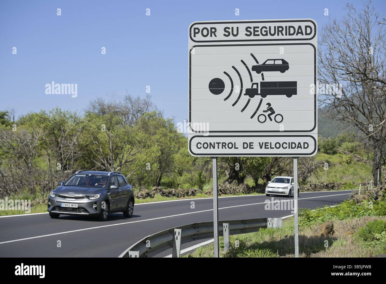 Signe avertit de contrôles de vitesse, radars, El Paso, la Palma, Espagne, Europe Banque D'Images