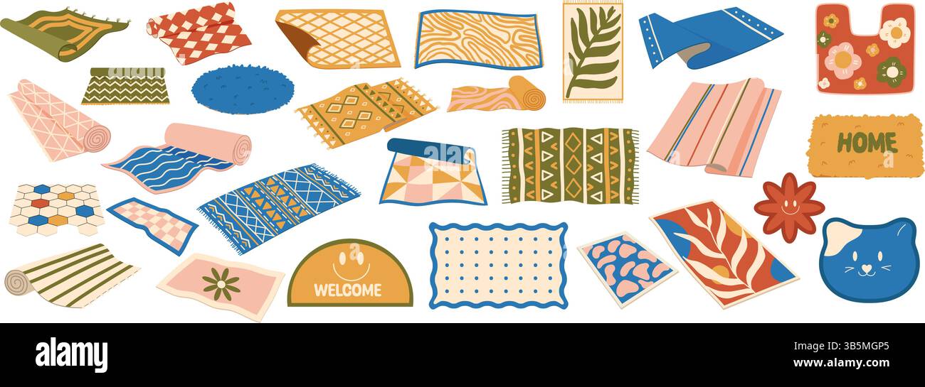 Ensemble de tapis en laine. Tapis modernes en coton et laine faits à la main avec des motifs géométriques et floraux Illustration de Vecteur