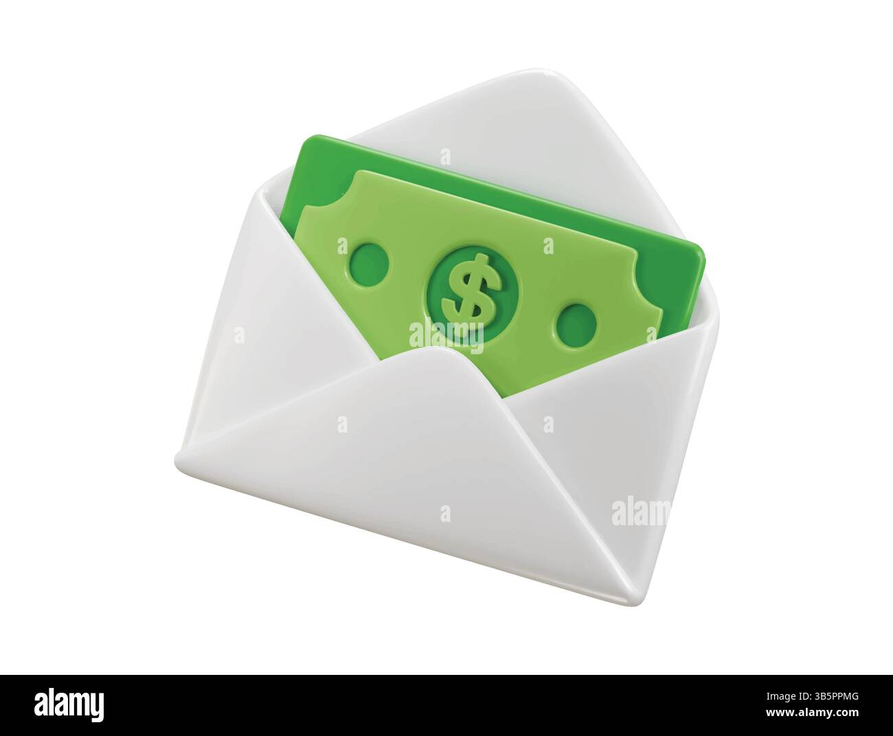 Enveloppe ouverte avec icône de billets de banque verts 3d concept de rendu de salaire, billets de dollar, illustration vectorielle d'icône d'investissement financier d'entreprise Illustration de Vecteur