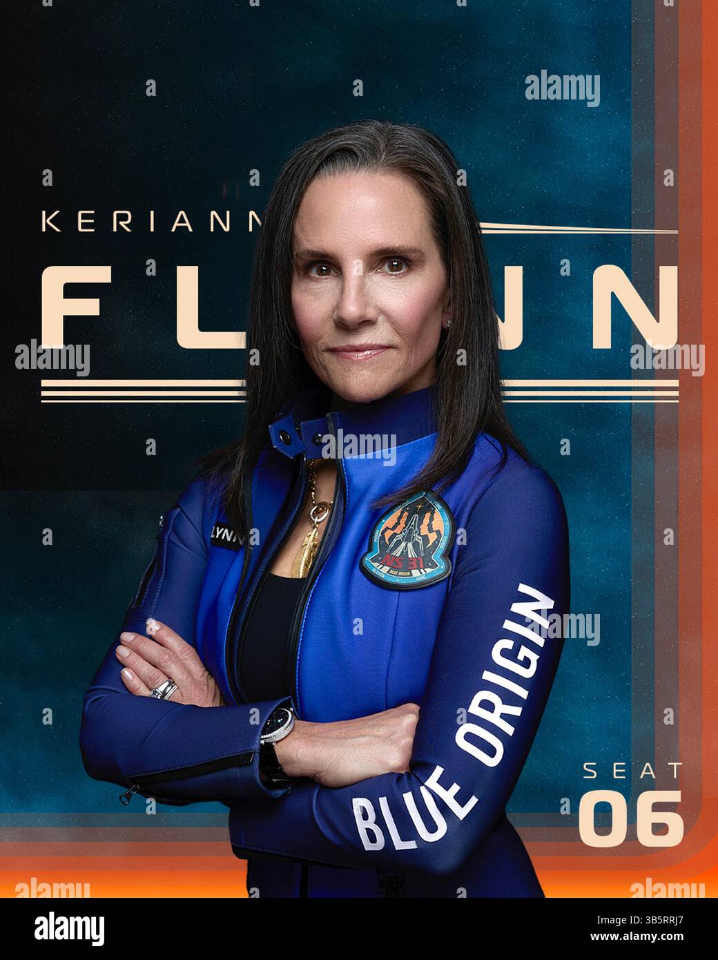 Texas, États-Unis. 14 avril 2025. Carte portrait KERIANNE FLYNN. Système de lancement suborbital et mission d'atterrissage. Ce vol suborbital, le 31e du programme New Shepard et le 11e équipage, prolongera l’initiative de Blue Origin pour démocratiser l’accès à l’espace, ayant déjà transporté 52 personnes au-delà de la ligne Karman. (Crédit image : © Blue Origin/ZUMA Press Wire) USAGE ÉDITORIAL SEULEMENT ! Non destiné à UN USAGE commercial ! Banque D'Images