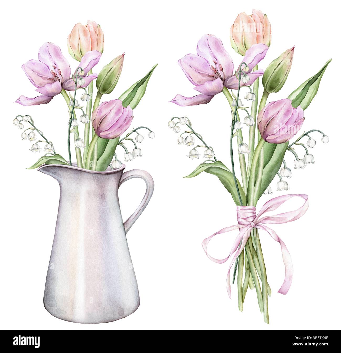 Tulipes de bouquet de bourgeon multicolores pastel et lis de la vallée en canette métallique illustration aquarelle isolée sur fond. Dessiné à la main rose jaune Banque D'Images
