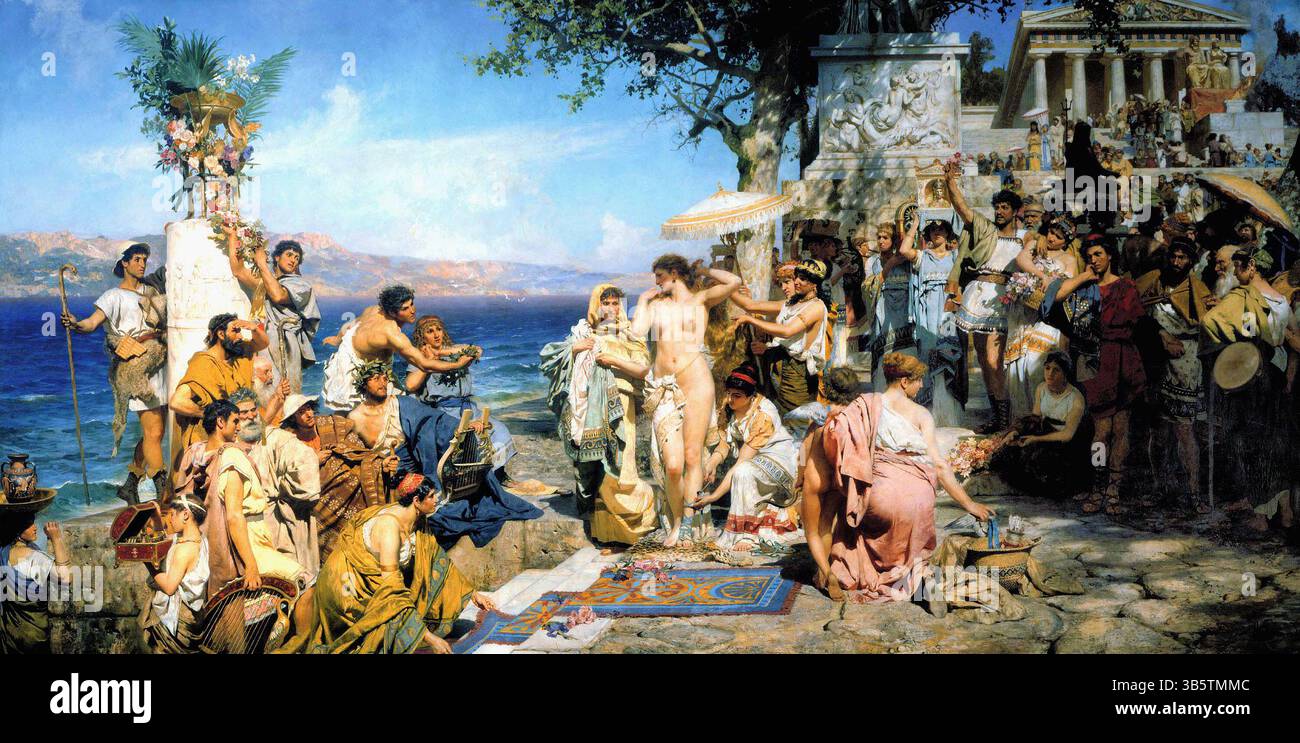 Phryne au Festival de Poséidon à Eleusis , par Henryk Siemiradzki vers 1889. Est une peinture d'histoire à très grande échelle (environ 12x25 pieds) par le peintre polonais d'origine russe Henryk Siemiradzki, achevée en 1889. La peinture représente une anecdote sur l'ancienne courtisane grecque Phryne, racontée par Athénée dans ses Deipnosophistae, dans laquelle Phryne se baigne dans la mer à Eleusis, inspirant ainsi le peintre Apelles à peindre son Aphrodite Anadyomène. Banque D'Images