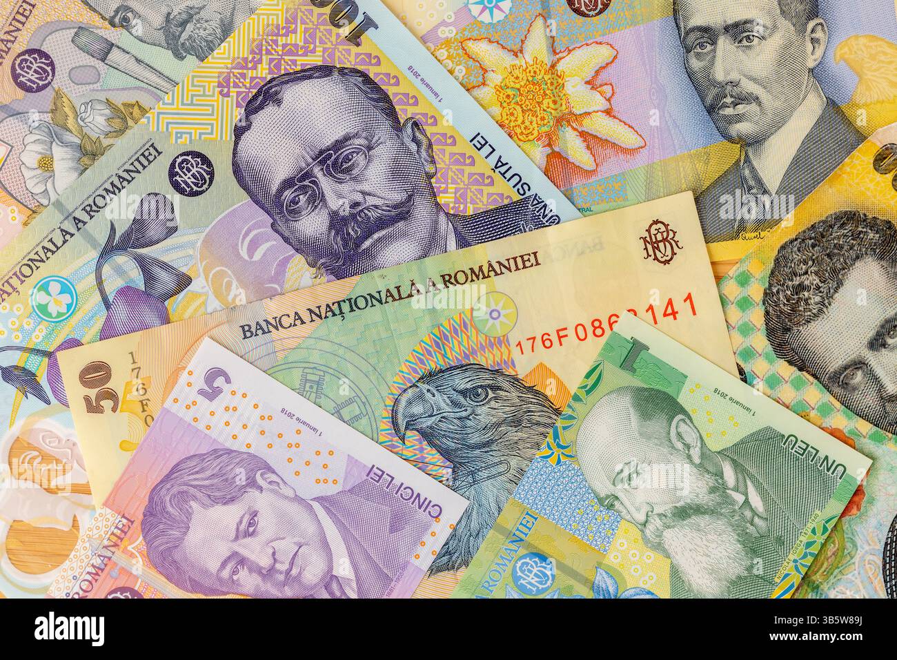 Roumanie argent, fond des affaires. Concept financier. Leu roumain, plat. Économie et budget Banque D'Images