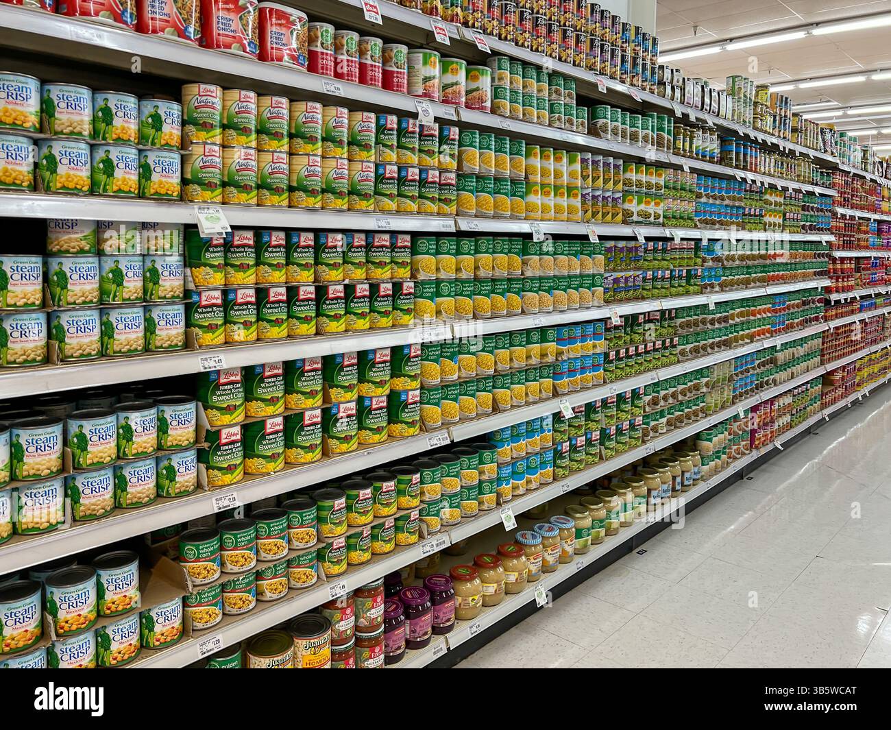 Variétés de haricots en conserve sur les étagères dans un supermarché. Utah, États-Unis. Banque D'Images