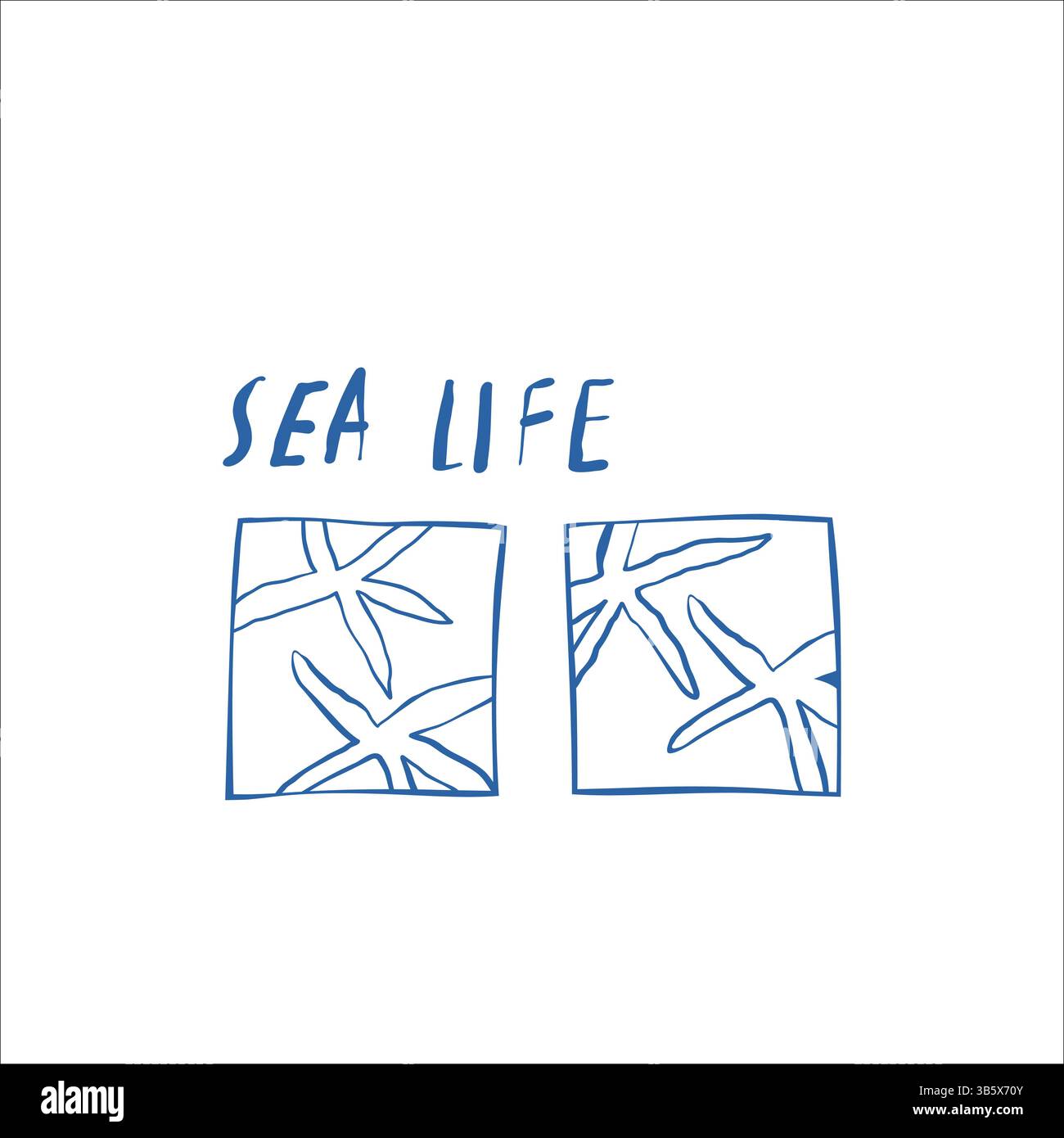 Ensemble de cadres vectoriels de doodle dessinés à la main en couleur bleue avec des lignes inégales, des formes de bordure esquissées avec le lettrage Sea Life et des étoiles de mer à l'intérieur Illustration de Vecteur