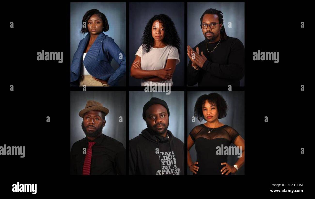 1er juin 2022 : de haut en bas à droite, Barbara Jacques, Kerlie Leonce, FranÃÂ§ois Alexandre, Ashley Toussaint, Schneider Caseus et Fayola Nicaisse sont photographiés à l’intérieur de l’espace artistique IPC. Les six étaient parmi les neuf membres de la communauté haïtienne du sud de la Floride qui ont réexaminé l'indépendance d'Haïti à travers le prisme des événements de l'année dernière alors que la nation insulaire lutte pour retrouver un certain sentiment de normalité. (Crédit image : © Carl juste/Miami Herald/TNS via ZUMA Press Wire) Banque D'Images