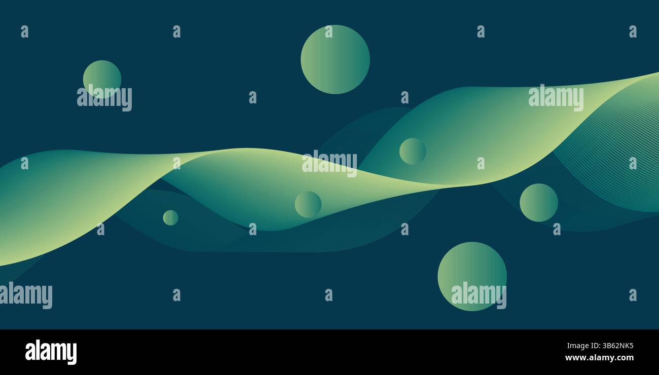 Vert gradient abstrait ondes et sphères – Art vectoriel moderne avec courbes fluides sur fond sombre Illustration de Vecteur