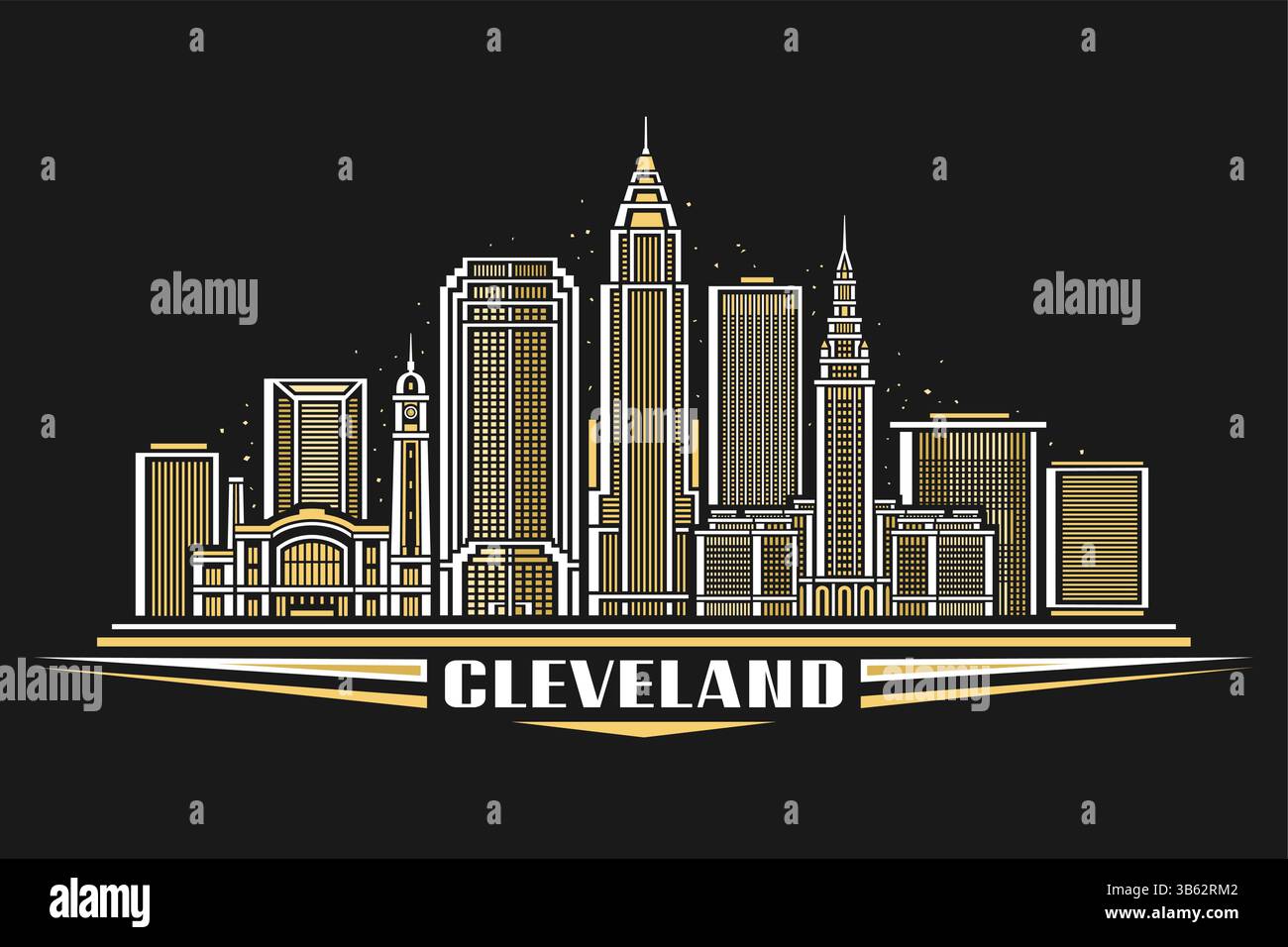Illustration vectorielle de Cleveland, carte horizontale sombre avec design linéaire paysage de ville de cleveland sur fond de ciel étoilé nocturne, ligne urbaine art conc Illustration de Vecteur