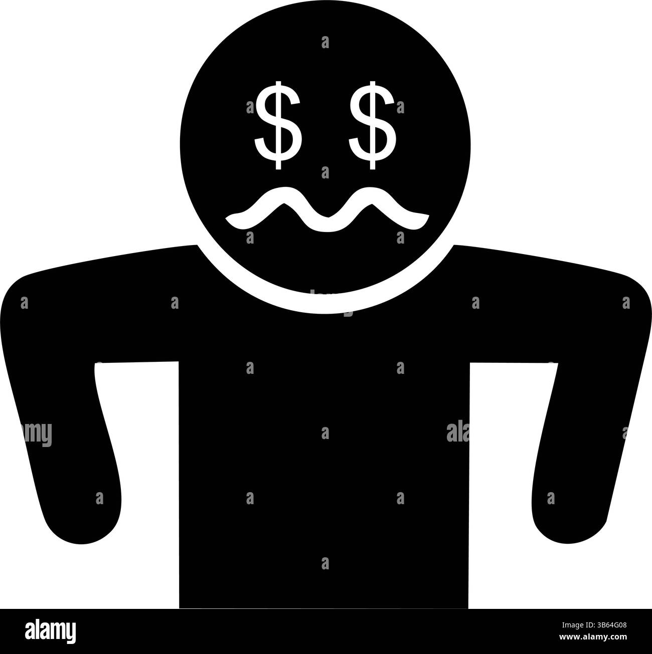 Un graphique stylisé en noir et blanc représente une personne avec des signes dollar pour les yeux et une expression faciale inquiète Illustration de Vecteur